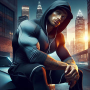 Young muscular athletic male wearing compression wear and hoodie