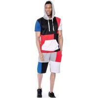 Blakonik | Mens Hooded Top Shorts Set Color Block M-3XL - Sleeveless Hoodie and Shorts Set