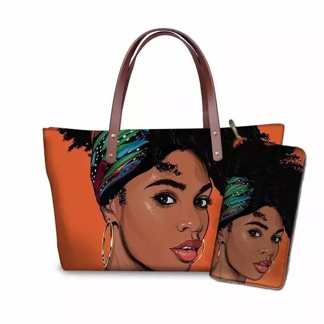 Blakonik | African Elegance: Handbag and Wallet Set with Pretty Black Girl Printing -