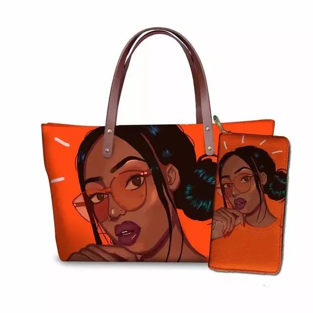 Blakonik | African Elegance: Handbag and Wallet Set with Pretty Black Girl Printing -