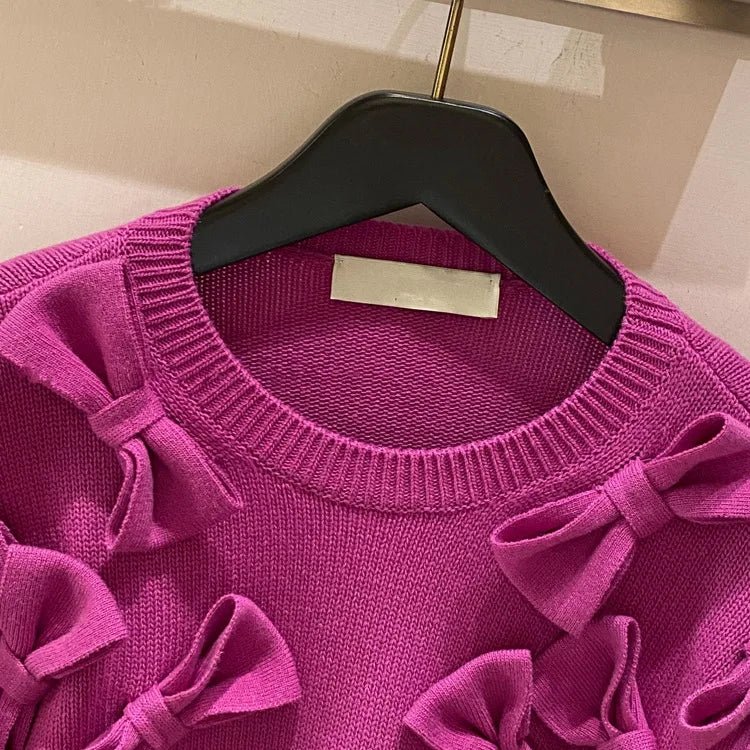 Blakonik | Autumn Elegance Wool-Blend Crew Neck Pullover with Bowknot Stitching in Rose Red -
