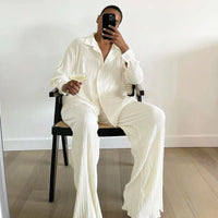 Blakonik | Chic Comfort: Women's Casual Long Sleeve Pleated Lounge Set with Pants - loungewear set