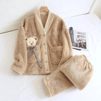 Blakonik | Cozy Sherpa Lamb Fleece Pajama Set - Women's 2-Piece Thick Flannel Loungewear with Bear Bow Pocket Design - Womens Pajama Set