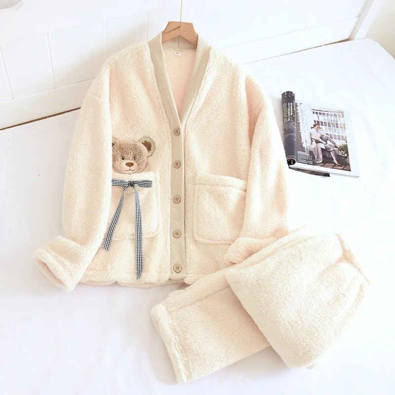 Blakonik | Cozy Sherpa Lamb Fleece Pajama Set - Women's 2-Piece Thick Flannel Loungewear with Bear Bow Pocket Design - Womens Pajama Set