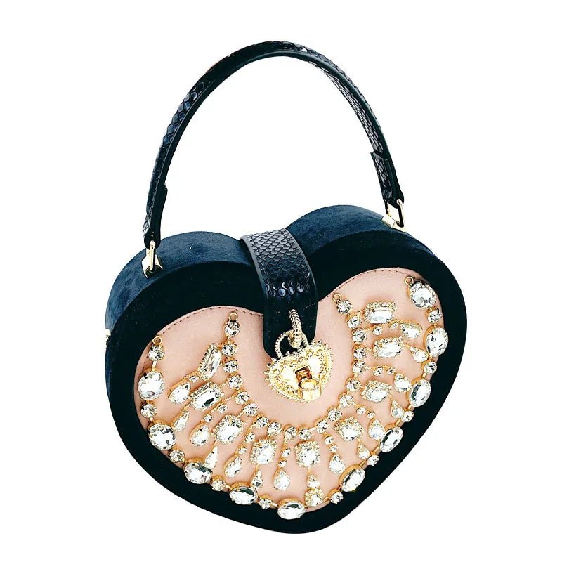 Blakonik | Dazzling Heart Purse: Unique Diamond Sling Bag with Faux Pearls and Rhinestones, in Black or Red -