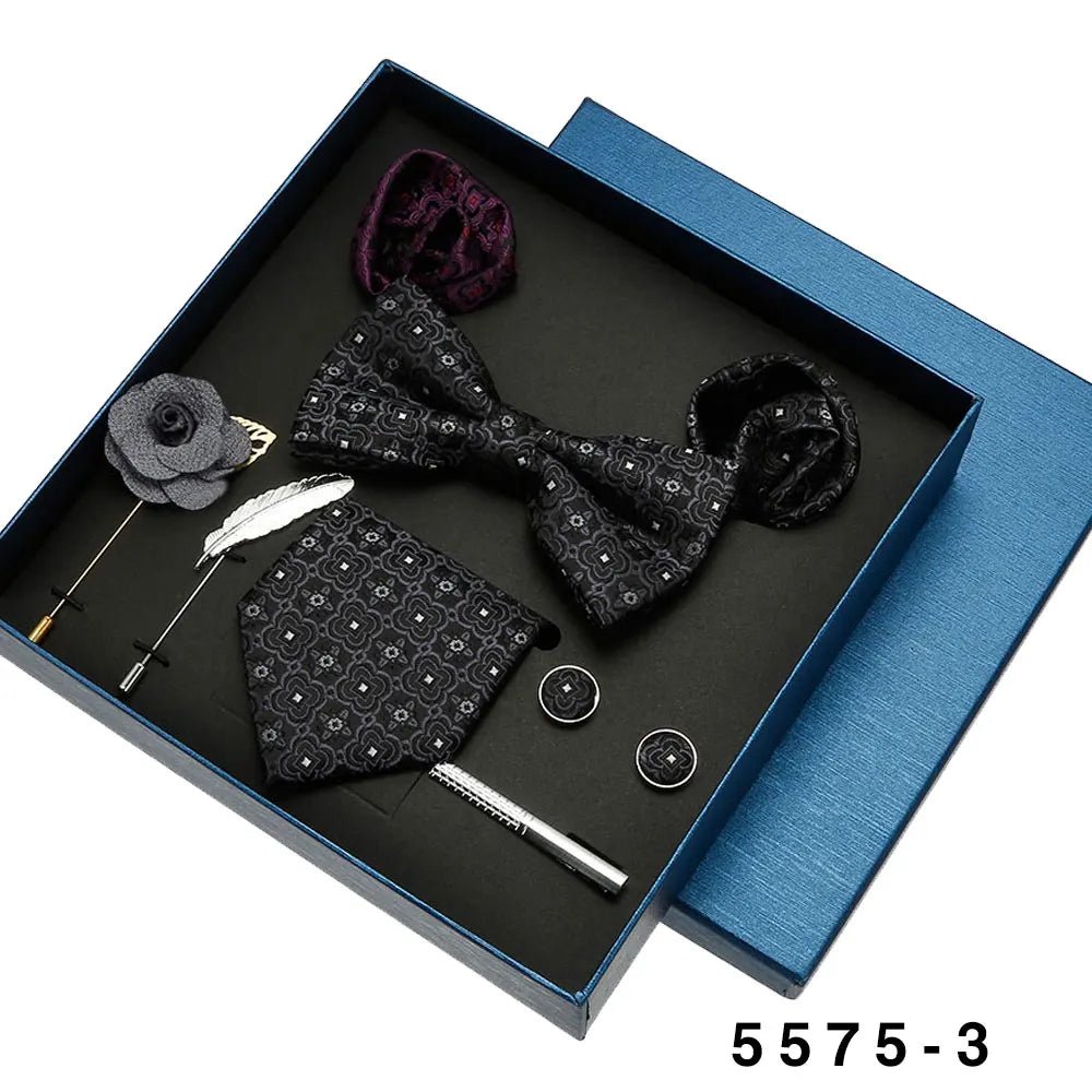 Blakonik | Deluxe Men's Business Suit Accessory Set with Necktie, Bowtie, Pocket Square, Brooch, Cufflinks, and Tie Clip in Gift Box -
