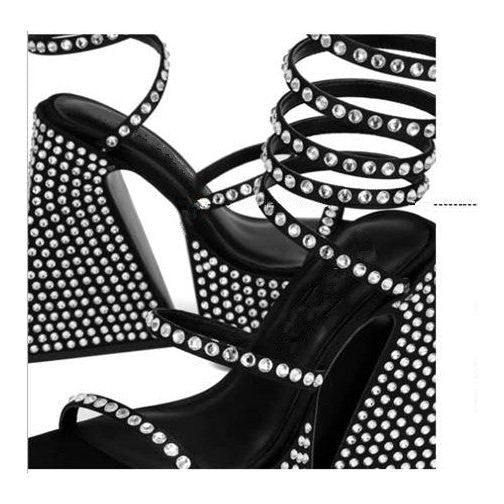 Blakonik | Womens Rhinestone Platform Ankle Wrap Open Toe Black Red - Womens Shoes