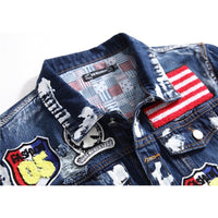 Blakonik | Dark Blue Denim Jacket Icy Paint Badge Patched | M-3XL - Men's Denim Jacket