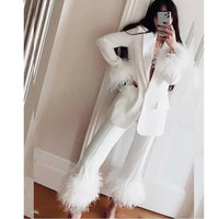 Blakonik | Elegant European White Feather Trim Suit - Chic Women's 2-Piece Pants Set Black, Pink or White - Women's Cropped Leg Pant Suit