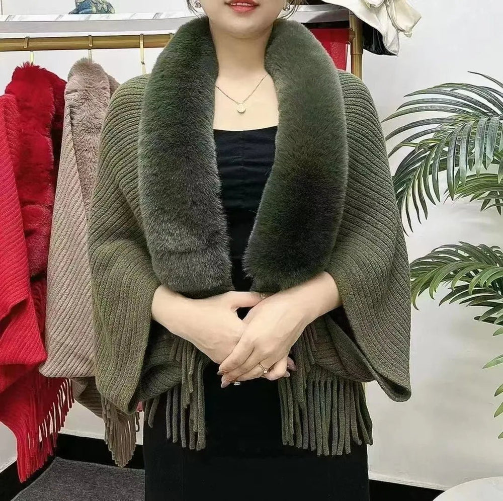 Blakonik | Elegant Faux Fur Wool-Collared Knitted Shawl Cloak Coat – Autumn & Winter Collection -