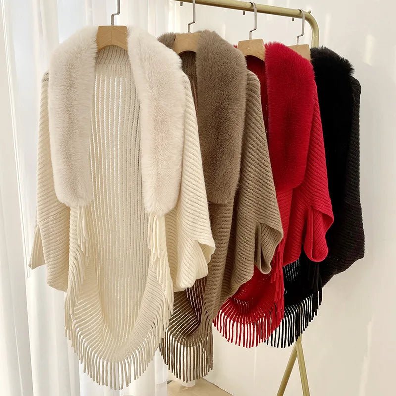 Blakonik | Elegant Faux Fur Wool-Collared Knitted Shawl Cloak Coat – Autumn & Winter Collection -