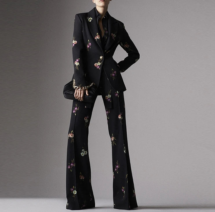 Blakonik | Fashionable Ladies Floral Printed Business Wear Two Pieces Suit Set Casual Blazer - Womens Pantsuit
