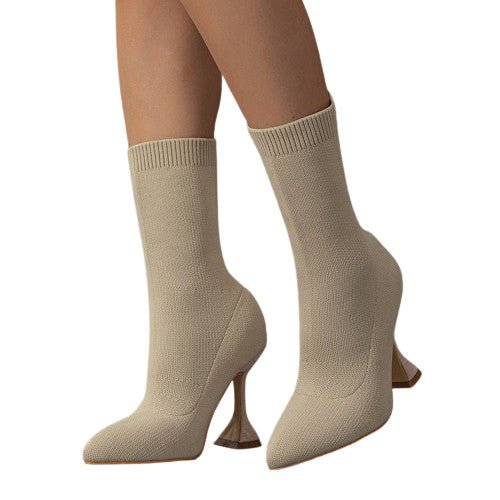 Blakonik | High-Heel Wine Cup Stilettos - Nude Knit Pointed Booties - Womens Shoes