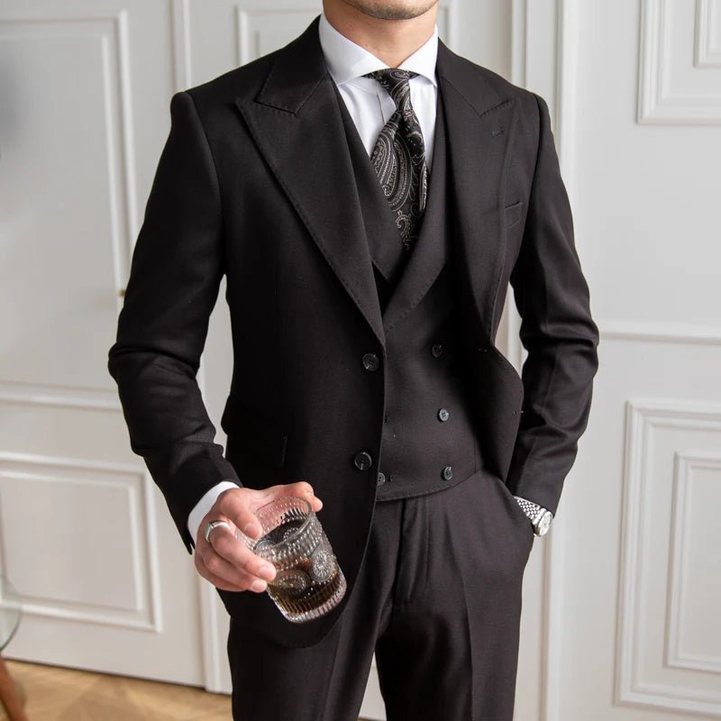 Blakonik | Men's Premium Italian Black, Tan or Navy Blue Business Suits - 3 Piece Solid Business Professional - Mens Business Professional 3 Piece Suit