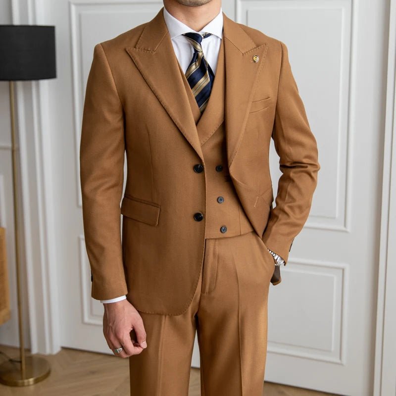 Blakonik | Men's Premium Italian Black, Tan or Navy Blue Business Suits - 3 Piece Solid Business Professional - Mens Business Professional 3 Piece Suit