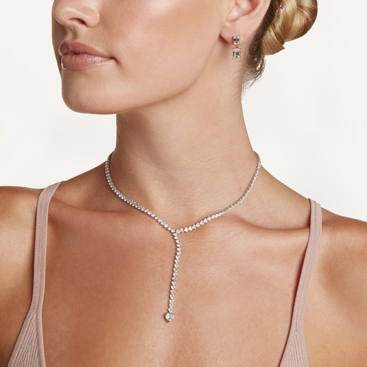 Blakonik | Radiant Love 5A CZ Heart-Shaped Tennis Chain Y Lariat Necklace in Rhodium and 18K Gold Plated -