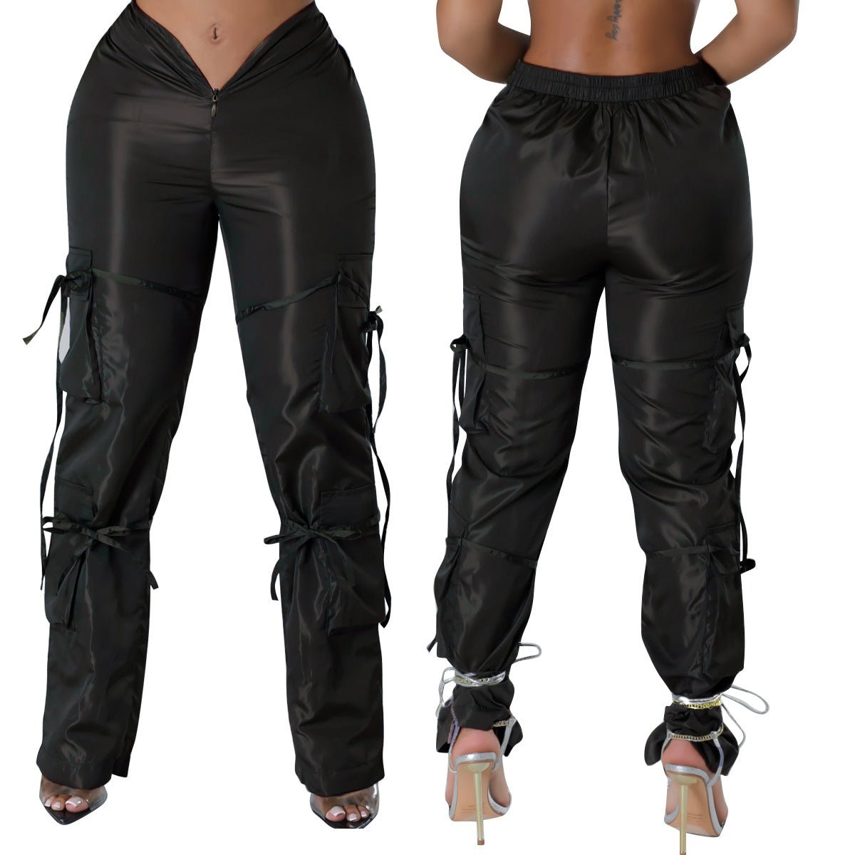 Blakonik | Womens Polyester Flare Hip Hop Cargo Pants Solid Color S-2XL - Women's Pants