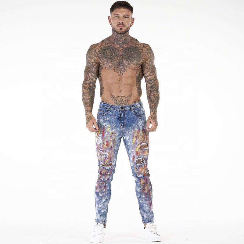 Blakonik | Mens Painted Skinny Stretch Torn Ripped Denim Jeans 28"-36" - Men's Jeans