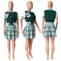 Blakonik | Womens 2-Piece Pleated Plaid Skirt Baseball Jacket Set S-2XL - Women's 2 Piece Sets