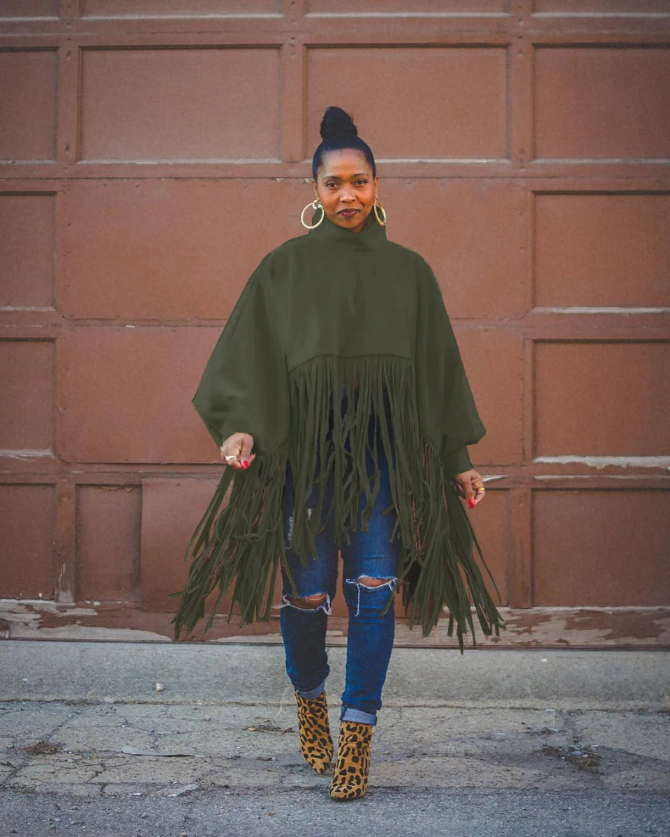 Blakonik | Urban Chic Woolen Fringe Coat - Long Sleeve, Solid Color, Plus Size - fringe coat
