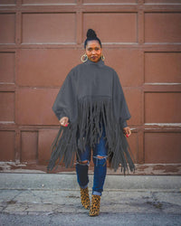 Blakonik | Urban Chic Woolen Fringe Coat - Long Sleeve, Solid Color, Plus Size - fringe coat