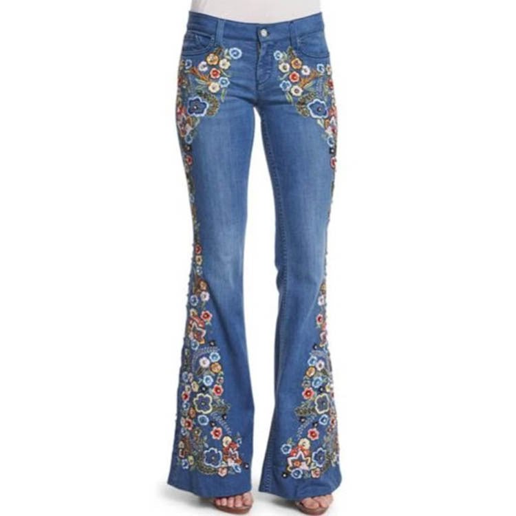 Blakonik | Womens Floral Embroidered Flare Jeans Sizes XS-4XL - Women's Jeans
