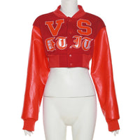 Blakonik | Womens Letter Print Vegan Leather Cropped Jacket - Patchwork S-L - Cropped Baseball Jacket