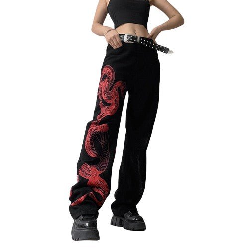 Blakonik | Womens Snake Print Baggy Jeans – Dark Academia Streetwear S-XL - Women's Jeans